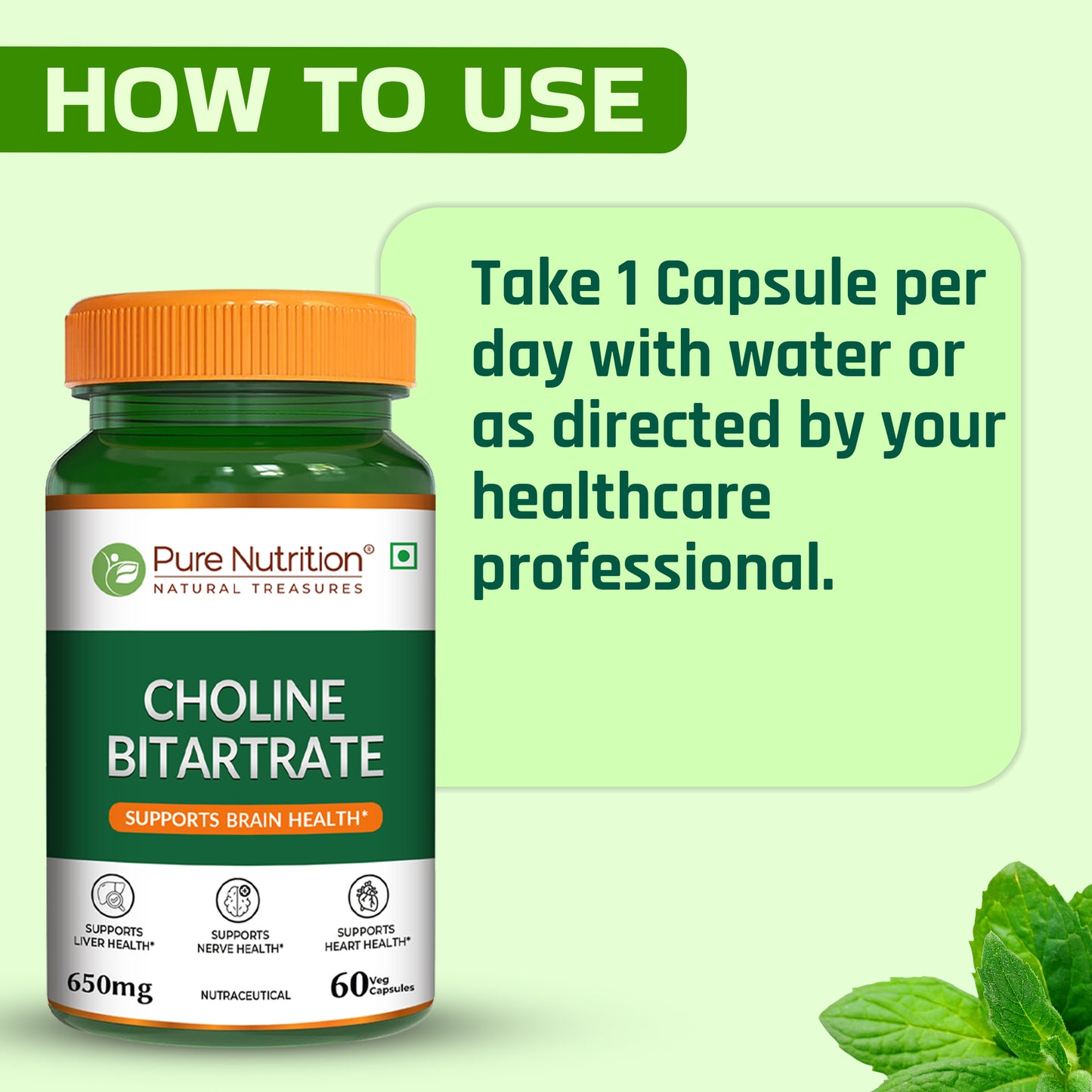 Pure Nutrition Choline Bitartrate 650mg | 60 Veg Capsules | Brain & Nerve Support