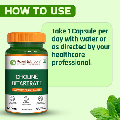 Pure Nutrition Choline Bitartrate 650mg | 60 Veg Capsules | Brain & Nerve Support
