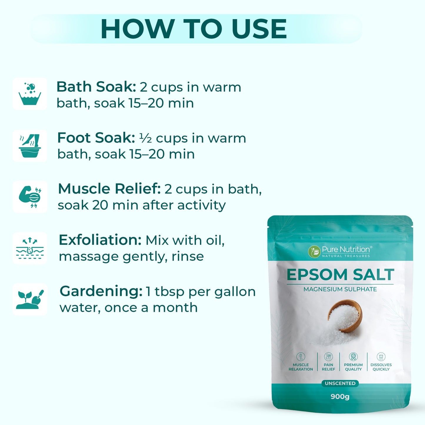 Epsom Salt (Magnesium Sulphate) | Premium Unscented Bath Salt | 900 g