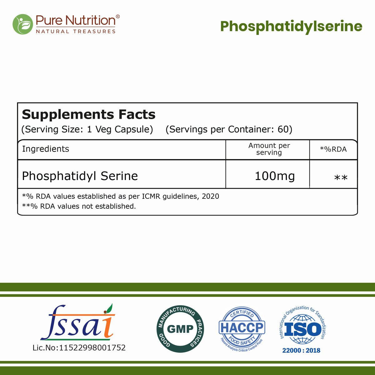 Phosphatidylserine 100 mg | Cognitive Wellness Support | 60 Capsules
