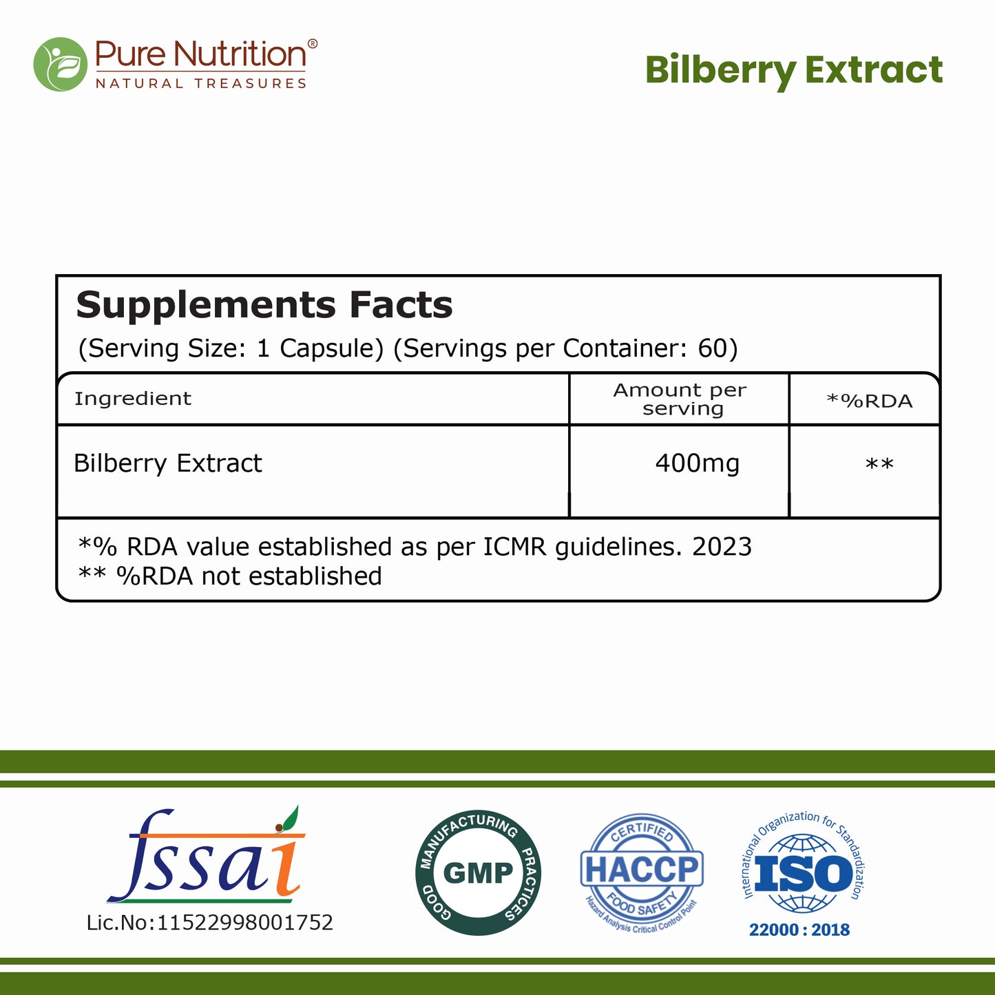 Bilberry Extract 400 mg | Antioxidant & Daily Wellness Support | 60 Capsules