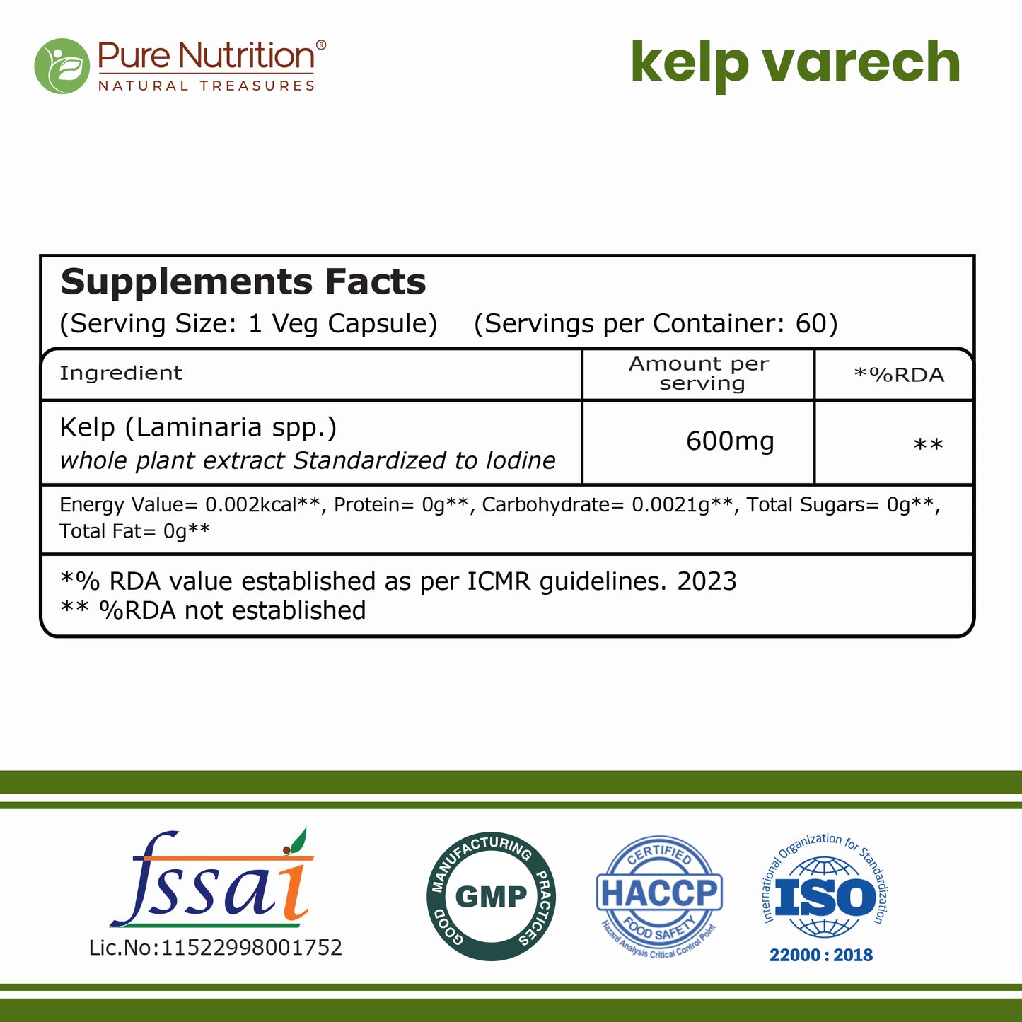 Kelp Extract 600mg | 60 Veg Capsules | Laminaria spp. Whole Plant Extract