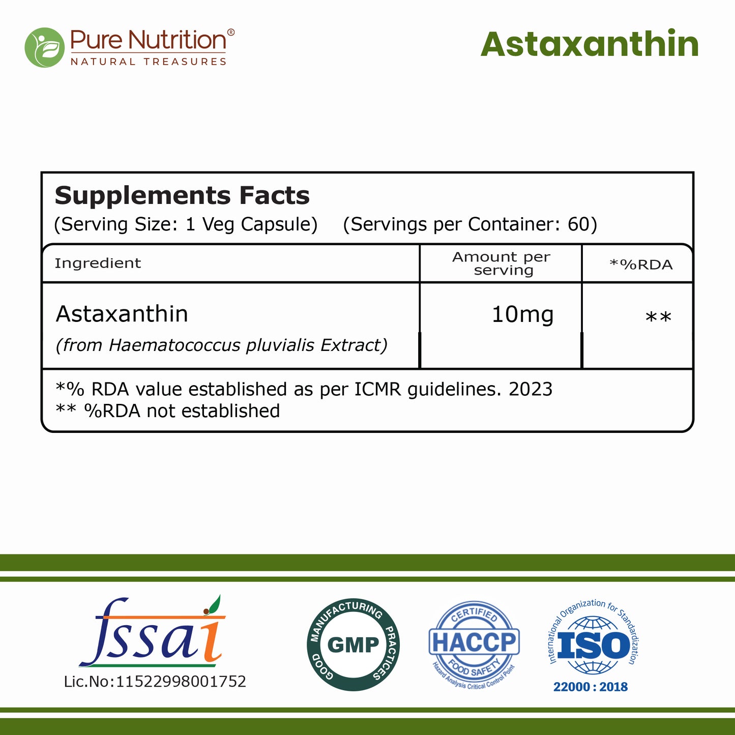 Extra Strength Astaxanthin 10mg | 60 Veg Capsules | Haematococcus pluvialis Extract