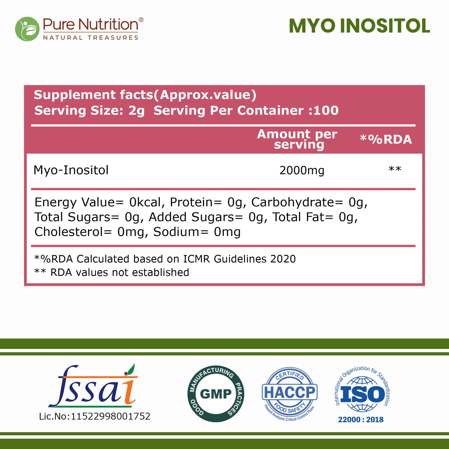 Myo-Inositol Powder 200g | 2000mg Per Serving | Single Ingredient