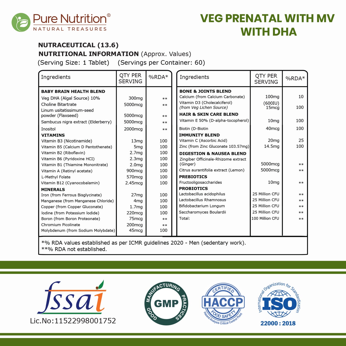 Veg Prenatal Multivitamin + DHA 300mg | With L-Methylfolate, Iron & Calcium | 60 Veg Tablets