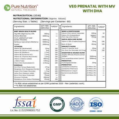 Veg Prenatal Multivitamin + DHA 300mg | With L-Methylfolate, Iron & Calcium | 60 Veg Tablets