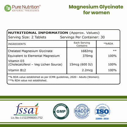 Women’s Magnesium Glycinate 60 Tablets | 370mg Elemental Magnesium + Vitamin D3 & B12