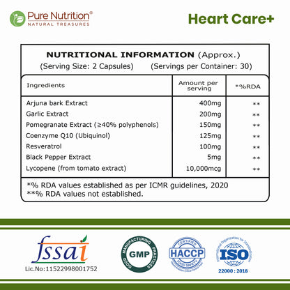 Heart Care+ 60 Veg Capsules | CoQ10, Arjuna, Resveratrol, Lycopene & Botanical Extracts