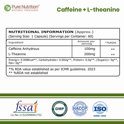 Caffeine 100 mg + L-Theanine 200 mg | 60 Veg Capsules