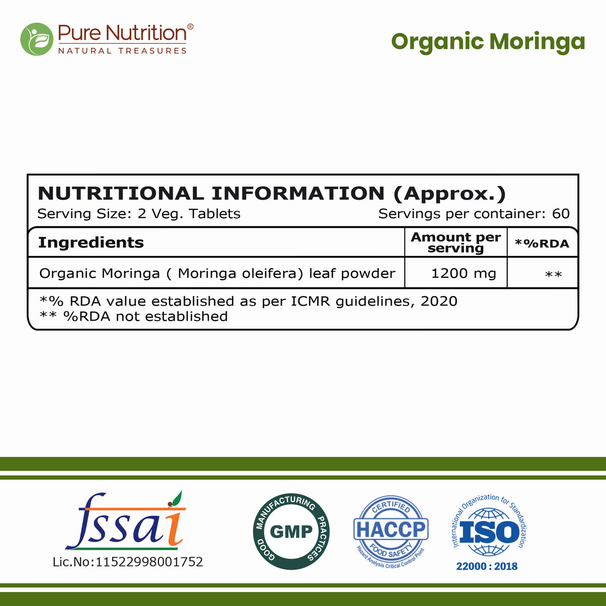 Organic Moringa Tablets 1200mg | Supports Immunity, Digestion & Energy | 120 Tablets