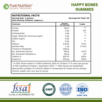 Kids’ Happy Bones Gummies with Calcium, Phosphorus, Vitamin D & K | Strawberry Flavour | 30 Gummies