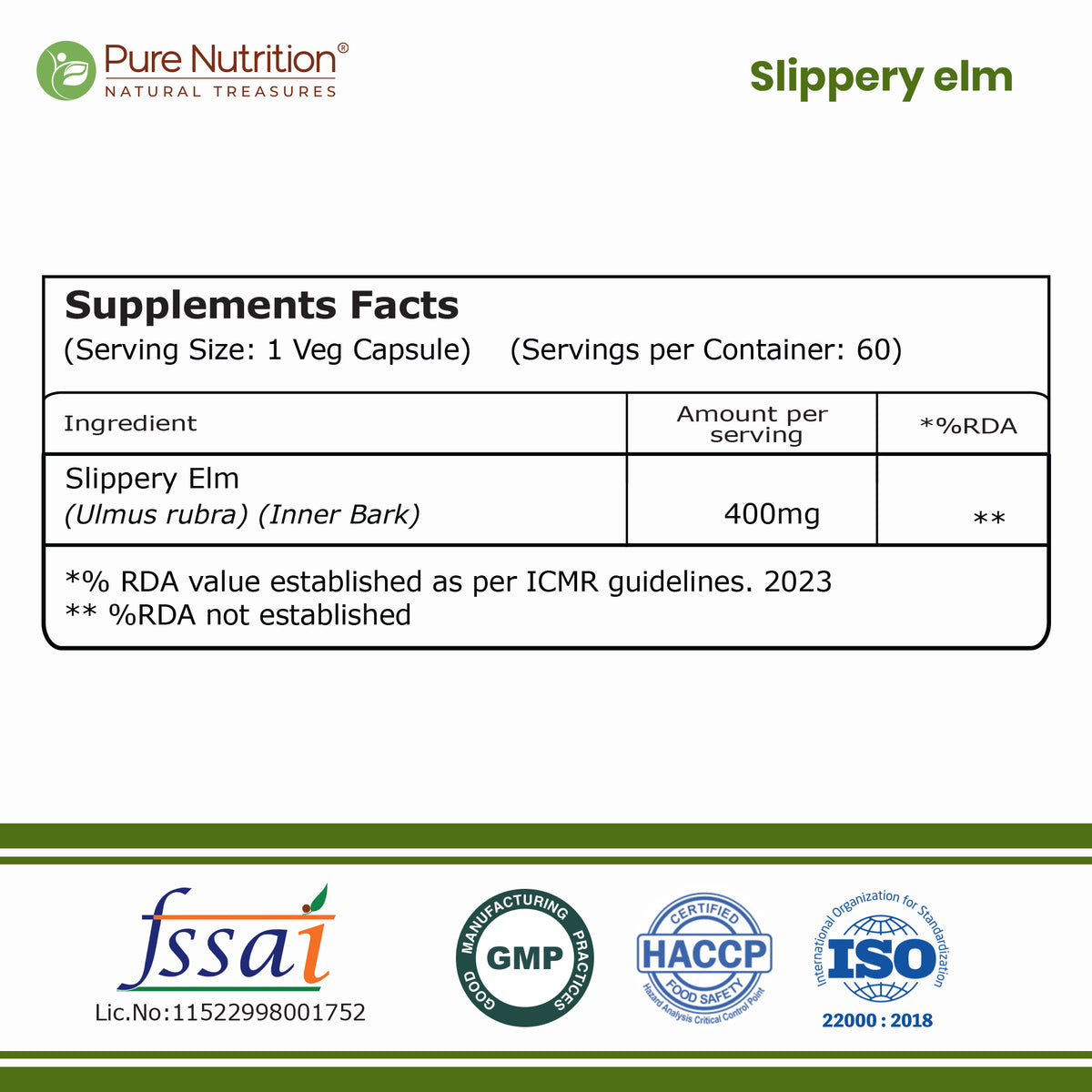 Slippery Elm 400 mg | 60 Vegetarian Capsules