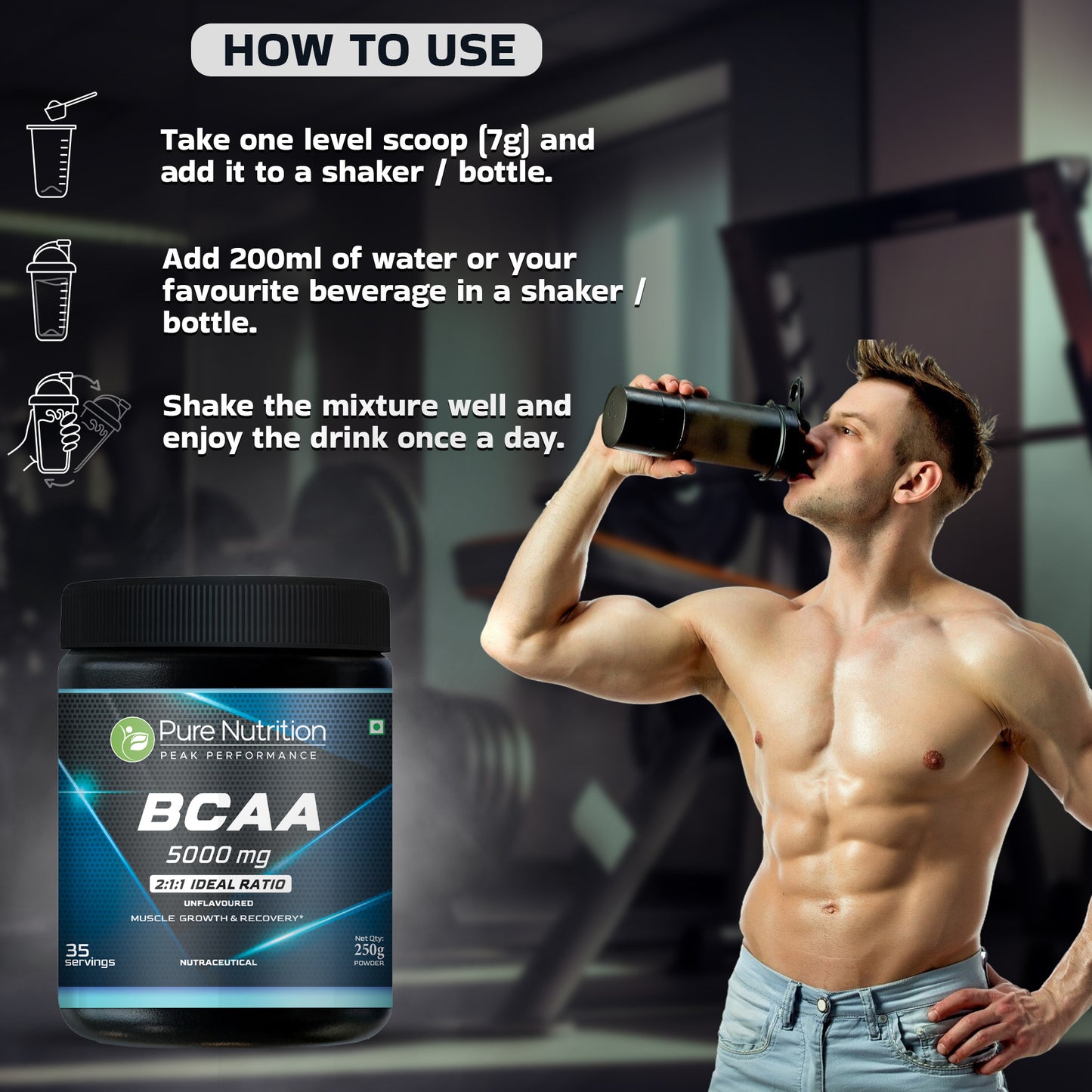 Peak Performance BCAA 5000 mg – 2:1:1 Ratio – Unflavoured