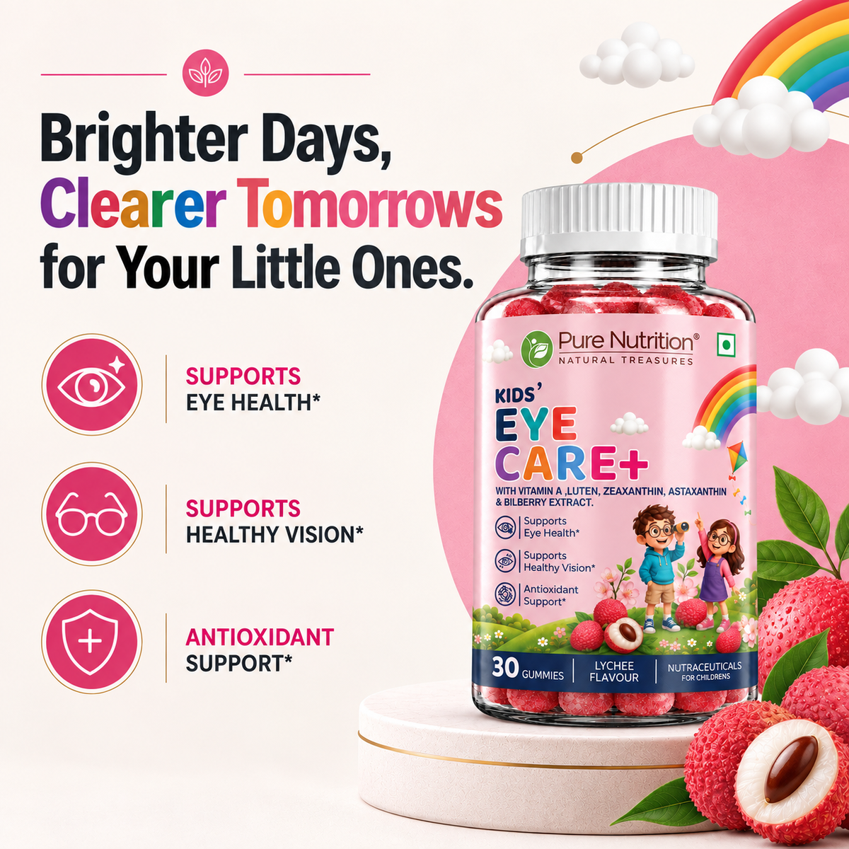 Kids’ Eye Care+ Gummies with Lutein, Zeaxanthin, Astaxanthin, Vitamin A & Bilberry | Lychee Flavour | 30 Gummies