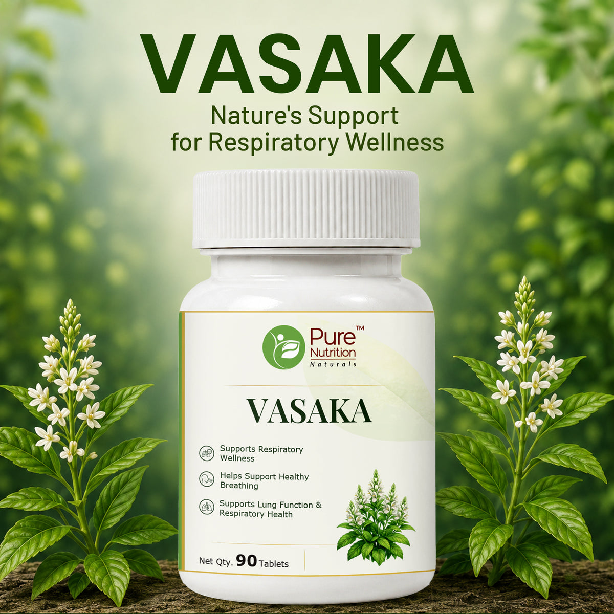 Pure Nutrition Vasaka Tablets | Ayurvedic Herbal Support for Respiratory Wellness & Healthy Breathing | Vasaka Extract Supplement