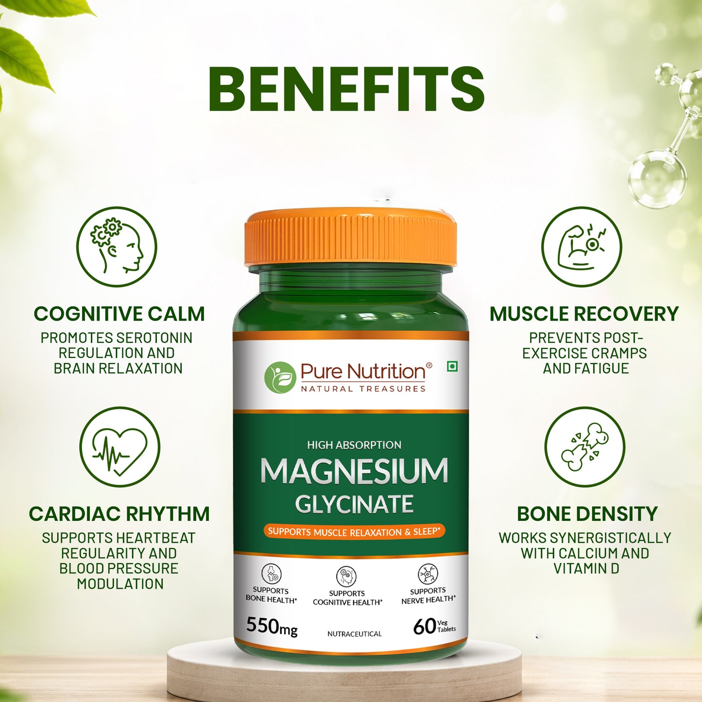 Pure Nutrition Magnesium Glycinate 550 mg| High Absorption Magnesium