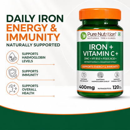 Iron + Vitamin C Tablets 120 | With Zinc, Vitamin B12, Folic Acid, Beetroot & Ginger
