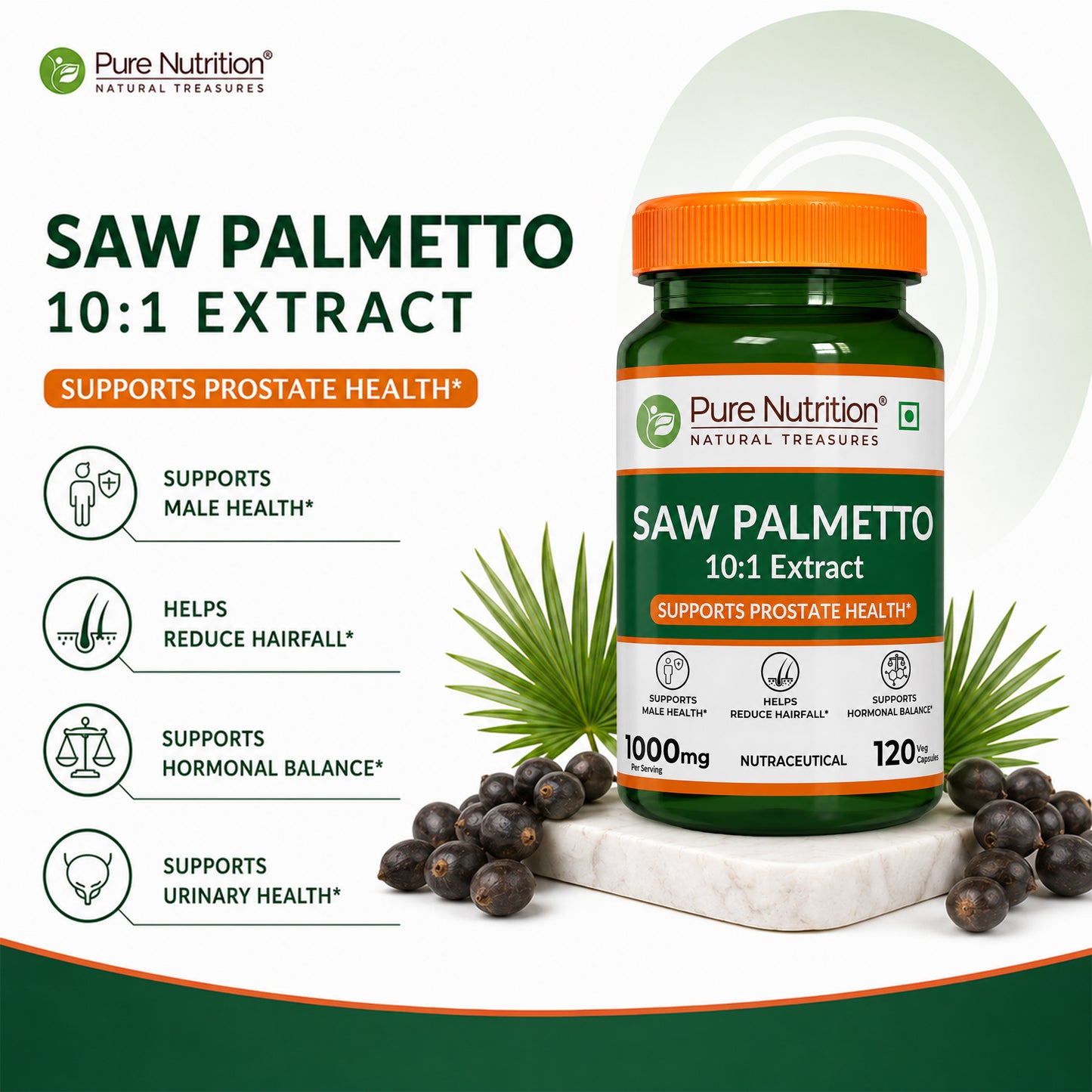 Saw Palmetto 10:1 Extract 1000mg | Supports Men's Health & Hormonal Balance | 120 Veg Capsules
