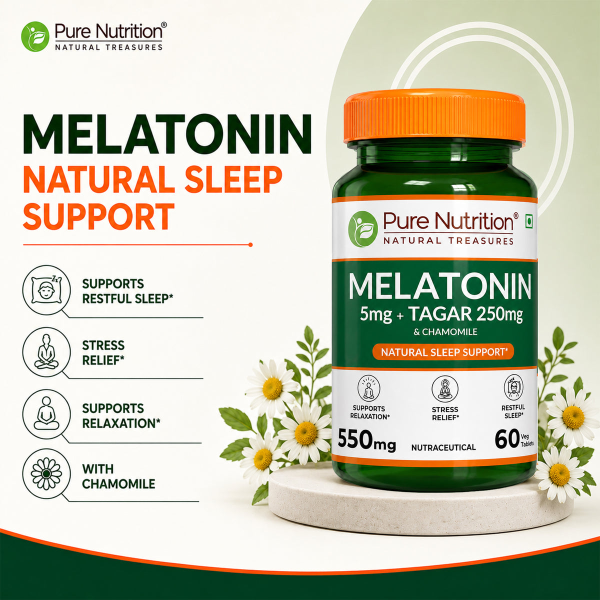 Melatonin with Tagar, Chamomile & L-Theanine  Natural Sleep Support Tablets