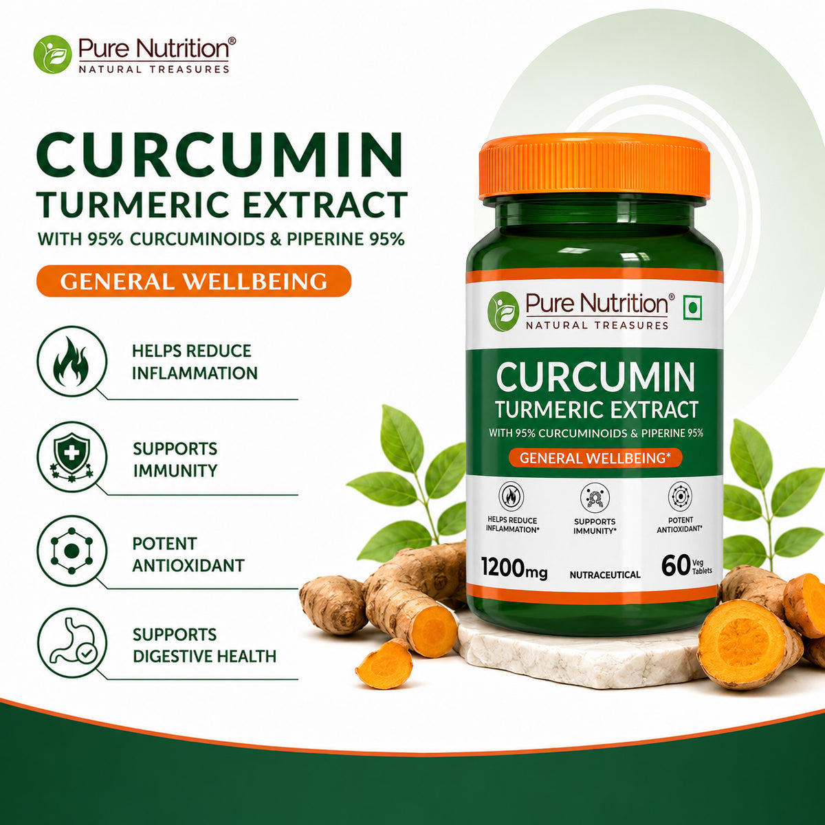 Curcumin Turmeric Extract 1200mg | 95% Curcuminoids & Piperine | 60 Tablets