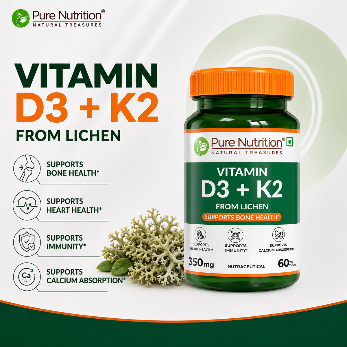 Vitamin D3 + K2 from Lichen  Bone, Heart & Calcium Support | 60 Tablets