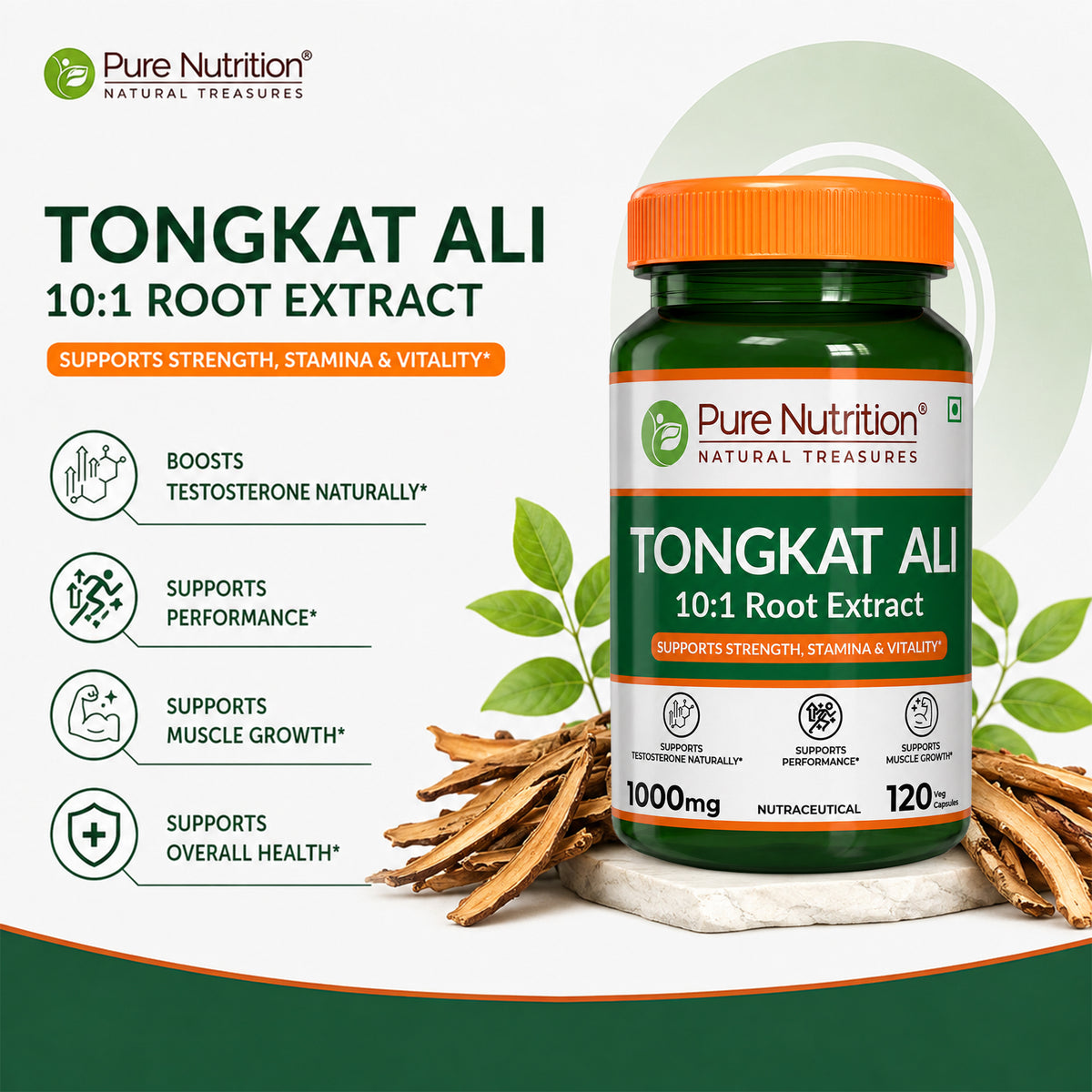 Tongkat Ali 10:1 Root Extract | 1000 mg Per Serving | Strength, Stamina & Vitality Support | 120 Tablets