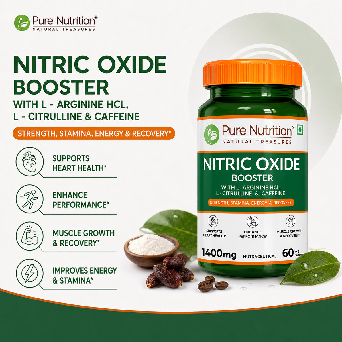 Nitric Oxide Booster  L-Arginine, L-Citrulline & Caffeine | 60 Veg Capsules