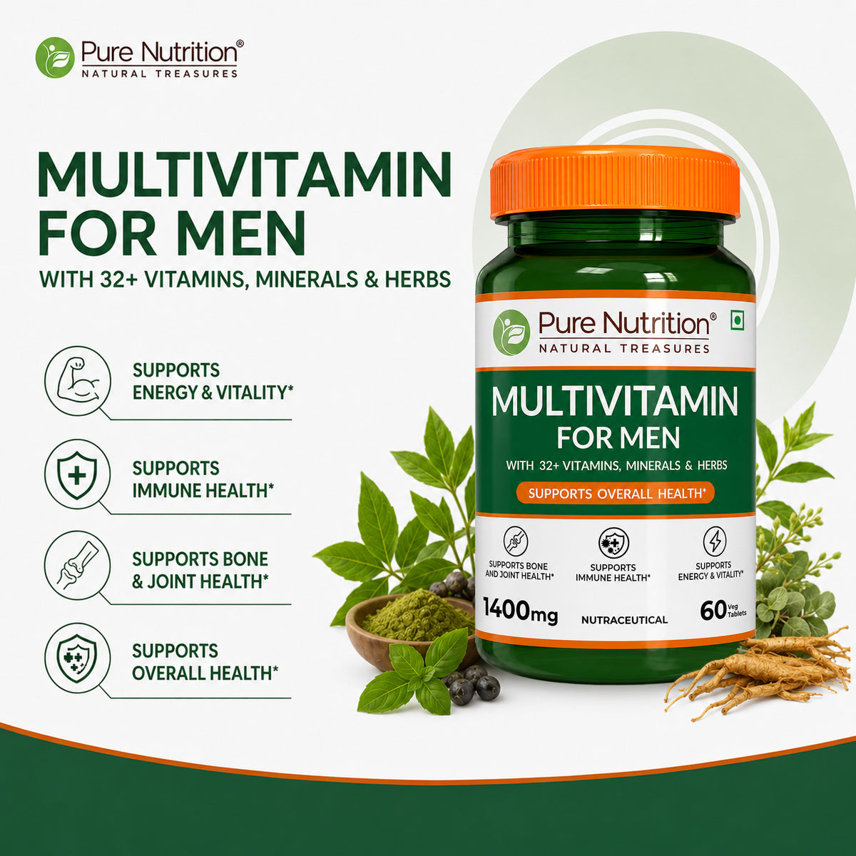 Multivitamin for Men - 60 Vegetarian Tablets | Daily Wellness with 32+ Vitamins, Minerals, and Herbal Extracts