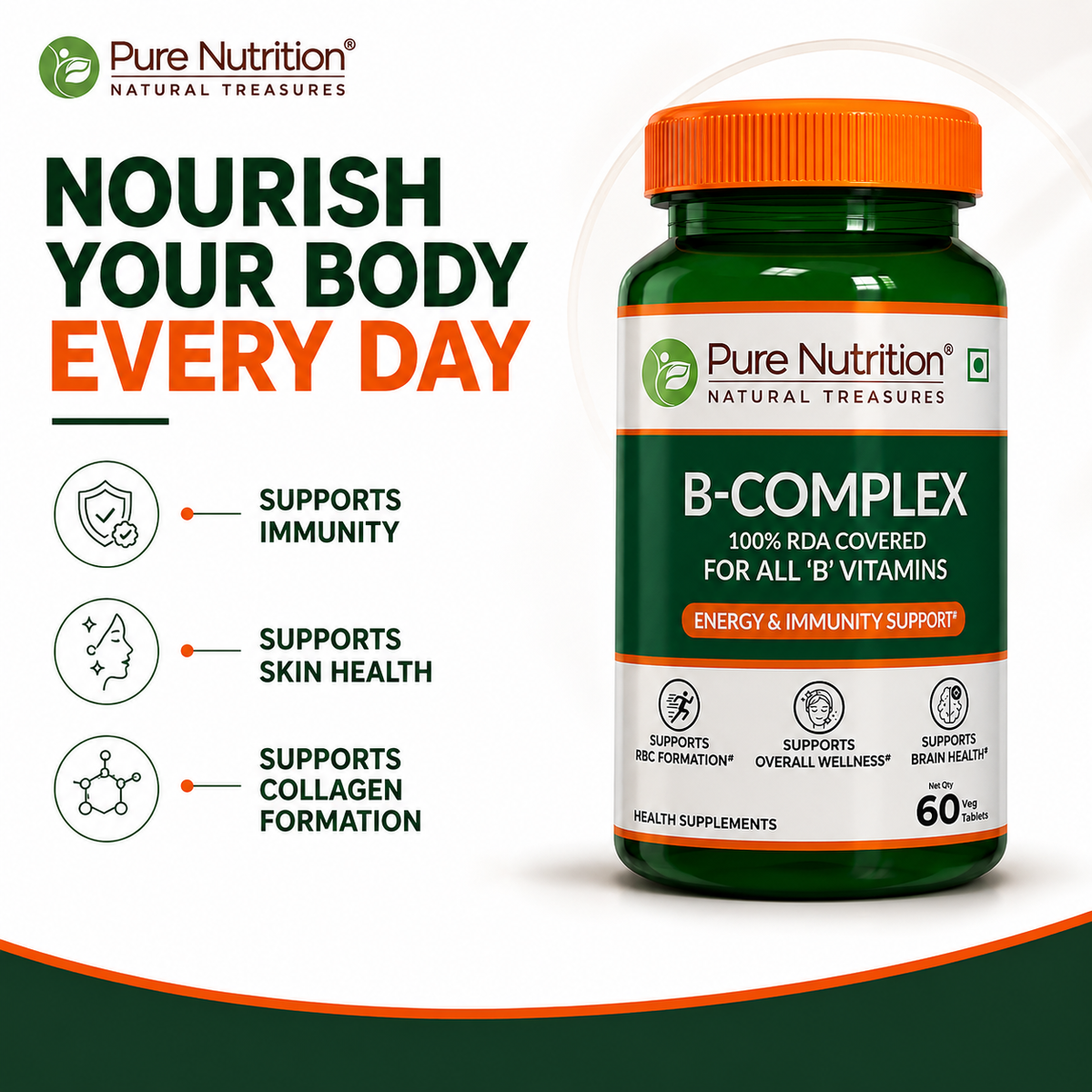 B Complex with Essential Vitamins B1, B2, B3, B5, B6, B7, B9, B12 - 60 Tablets  | Supports Energy, Metabolism, and Overall Wellness