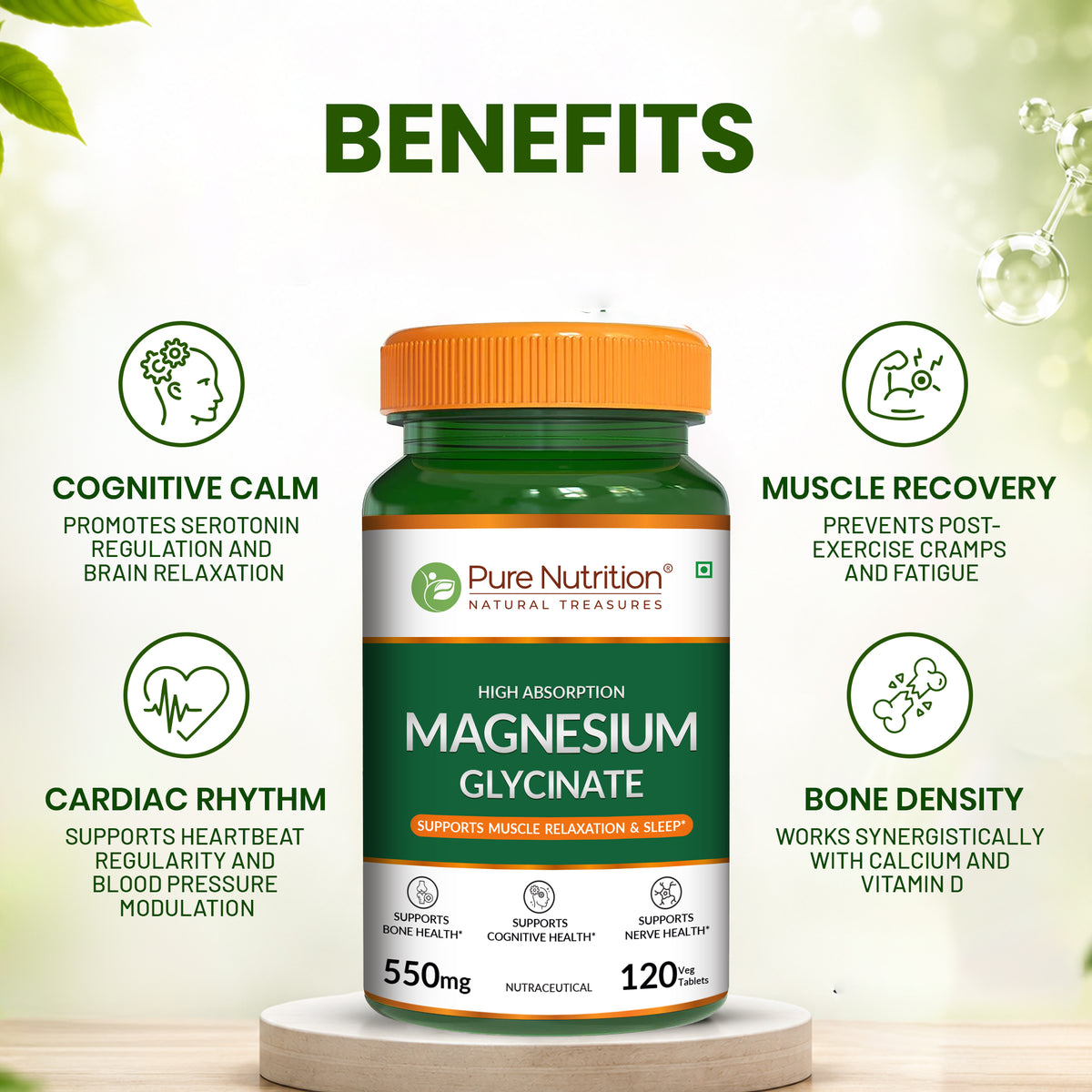 Magnesium Glycinate 550mg – High Absorption | Sleep, Stress & Muscle Health 120 Tablets