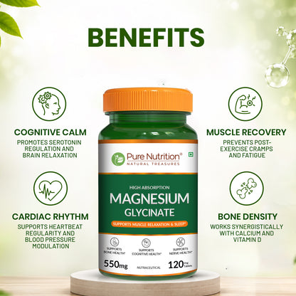 Magnesium Glycinate 550mg – High Absorption | Sleep, Stress & Muscle Health 120 Tablets