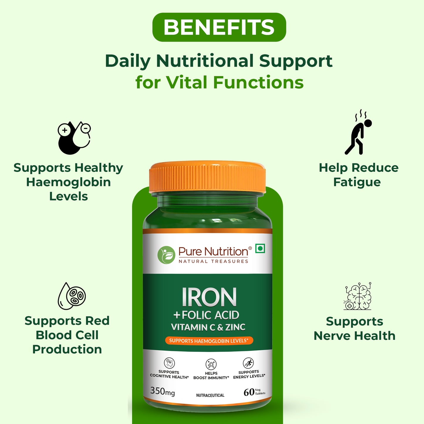 Iron with Folic Acid - 60 Tablets | Supports Haemoglobin Production and Helps Maintain Healthy Iron Levels