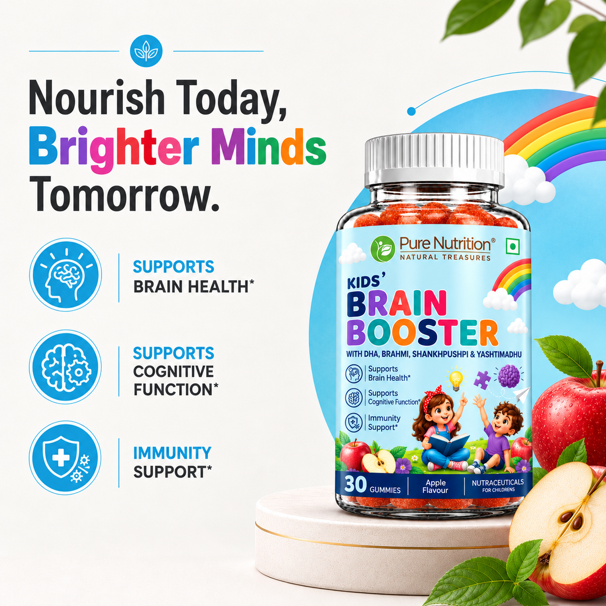 Kids’ Brain Booster Gummies with DHA, Brahmi, Shankhpushpi & Yashtimadhu | Apple Flavour | 30 Gummies