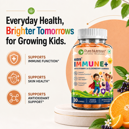 Kids’ Immune+ Gummies with Vitamin C, Elderberry, Zinc, NAC & Quercetin | Orange Flavour | 30 Gummies