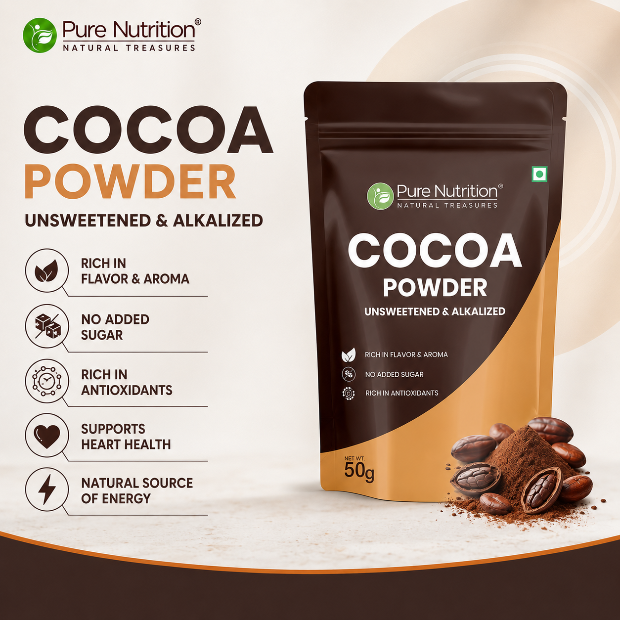Cocoa Powder 50g | Unsweetened & Alkalized Cocoa Powder | Rich Chocolate Flavor for Baking, Beverages & Desserts