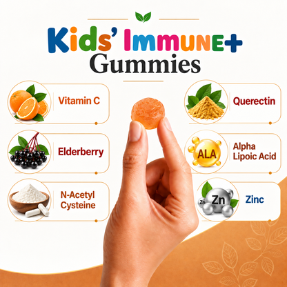 Kids’ Immune+ Gummies with Vitamin C, Elderberry, Zinc, NAC & Quercetin | Orange Flavour | 30 Gummies