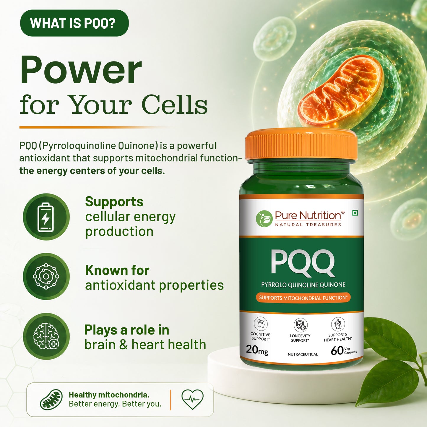 Pure Nutrition PQQ – 60 Veg Capsules | Pyrroloquinoline Quinone Supplement
