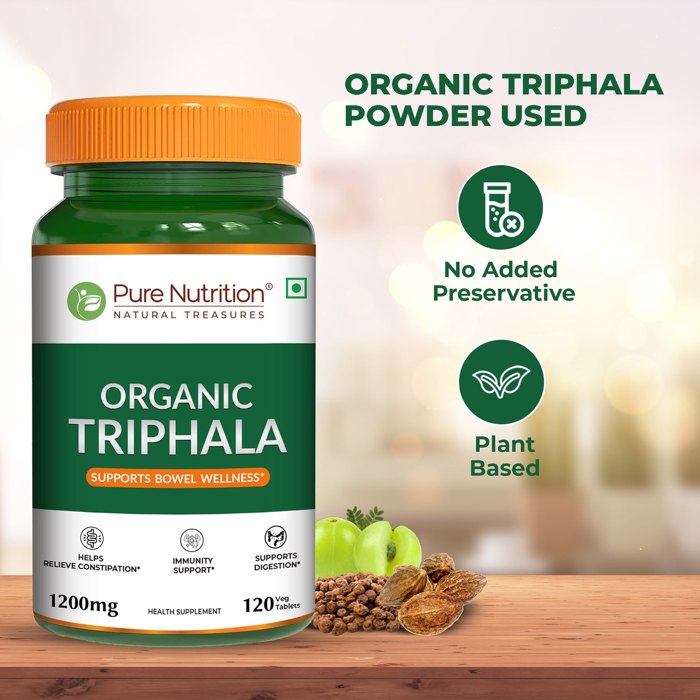 Organic Triphala Extract Supplement - 120 Vegetarian Tablets | Supports Digestion and Boosts Immunity