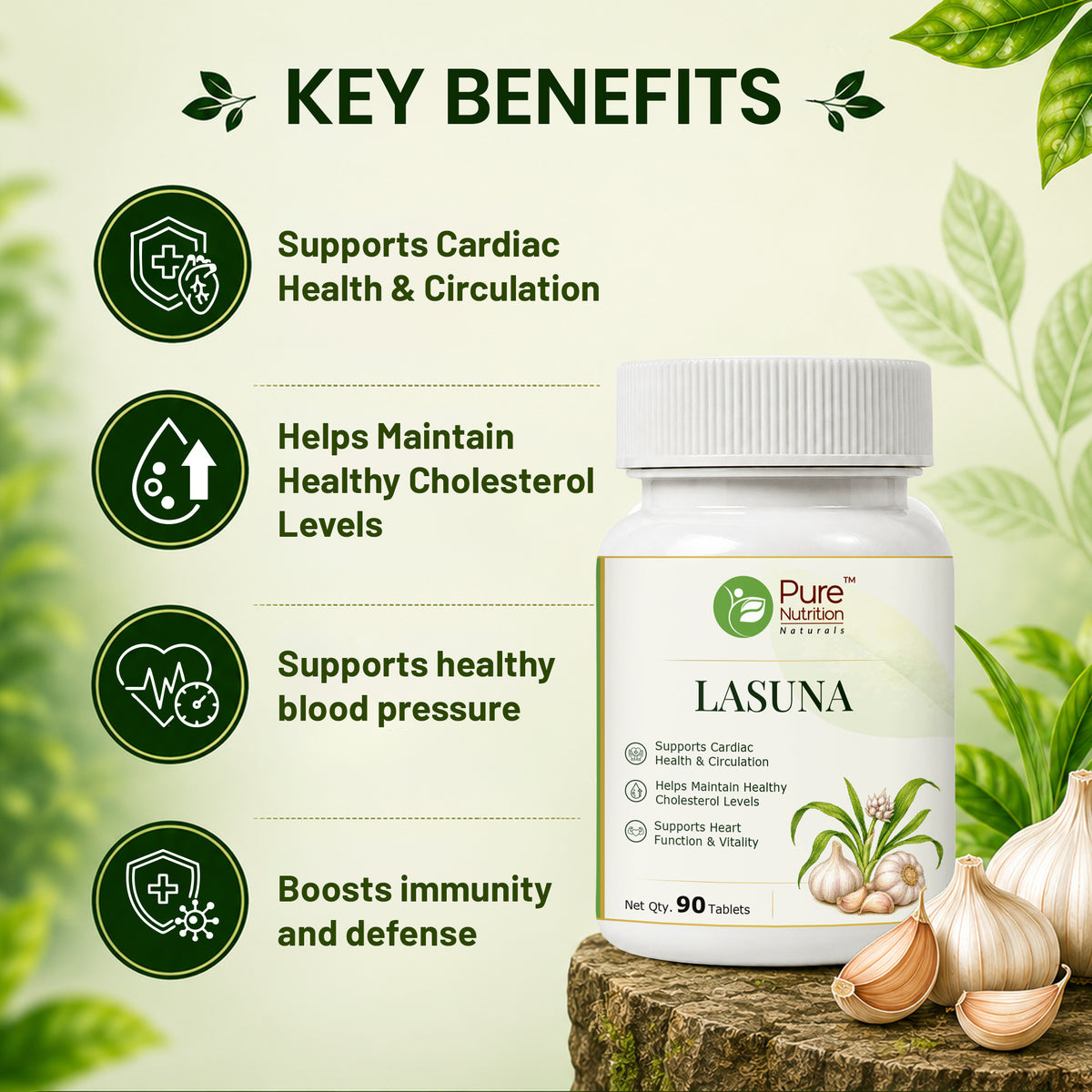 Pure Nutrition Lasuna Tablets | Ayurvedic Garlic Extract Supplement | Supports Heart & Circulation Wellness 