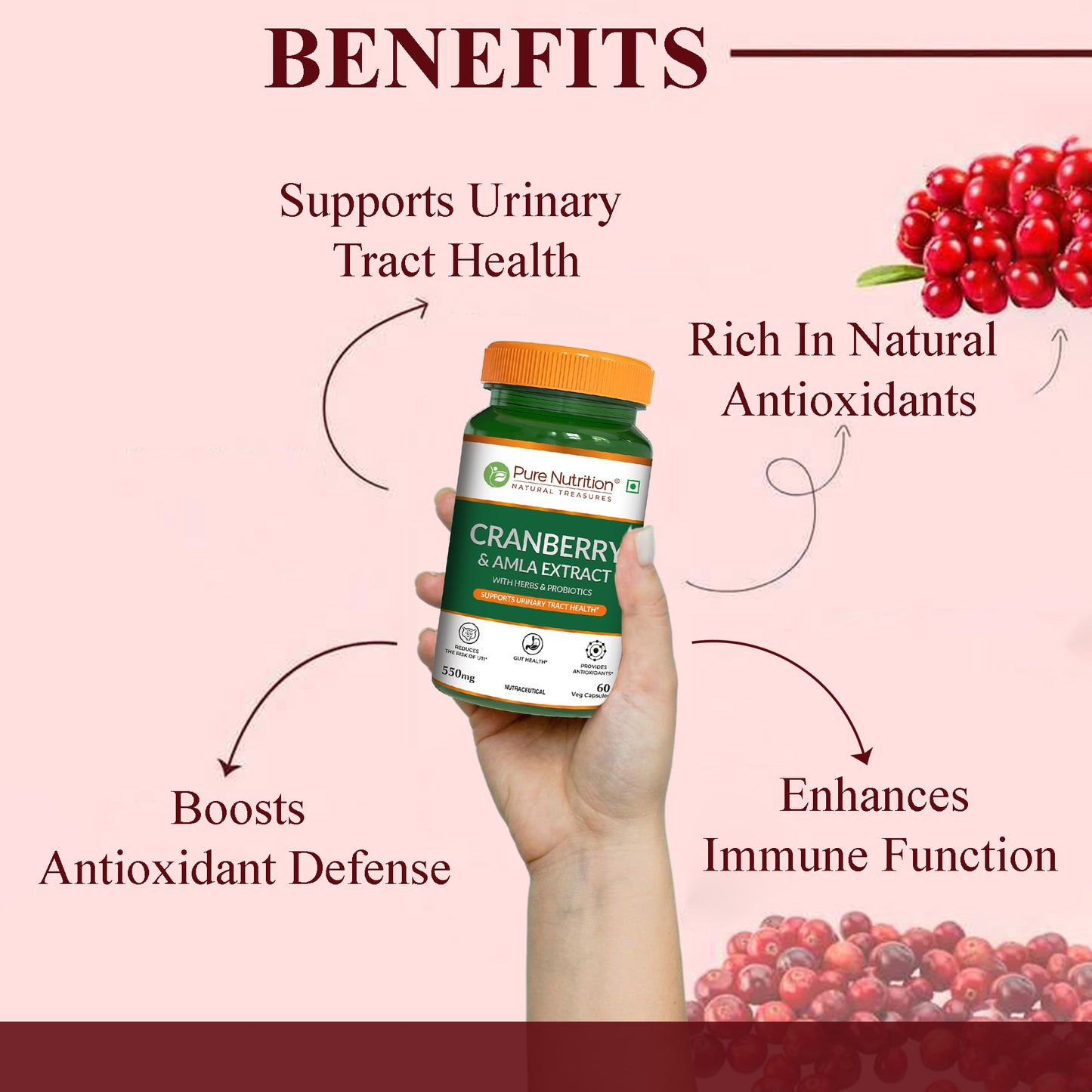 Cranberry and Amla Extract Capsules with Herbs & Probiotics – 60 Veg Capsules