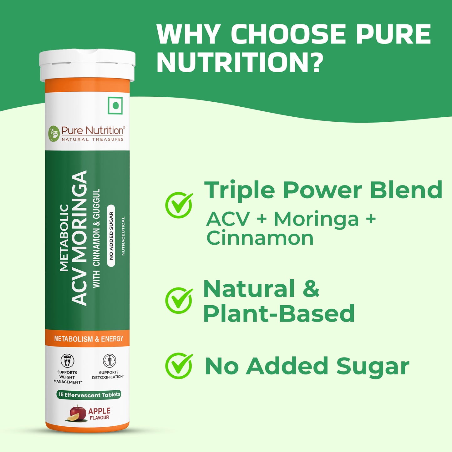 Pure Nutrition ACV Moringa Effervescent Tablets – Apple Flavour – 15 Tablets