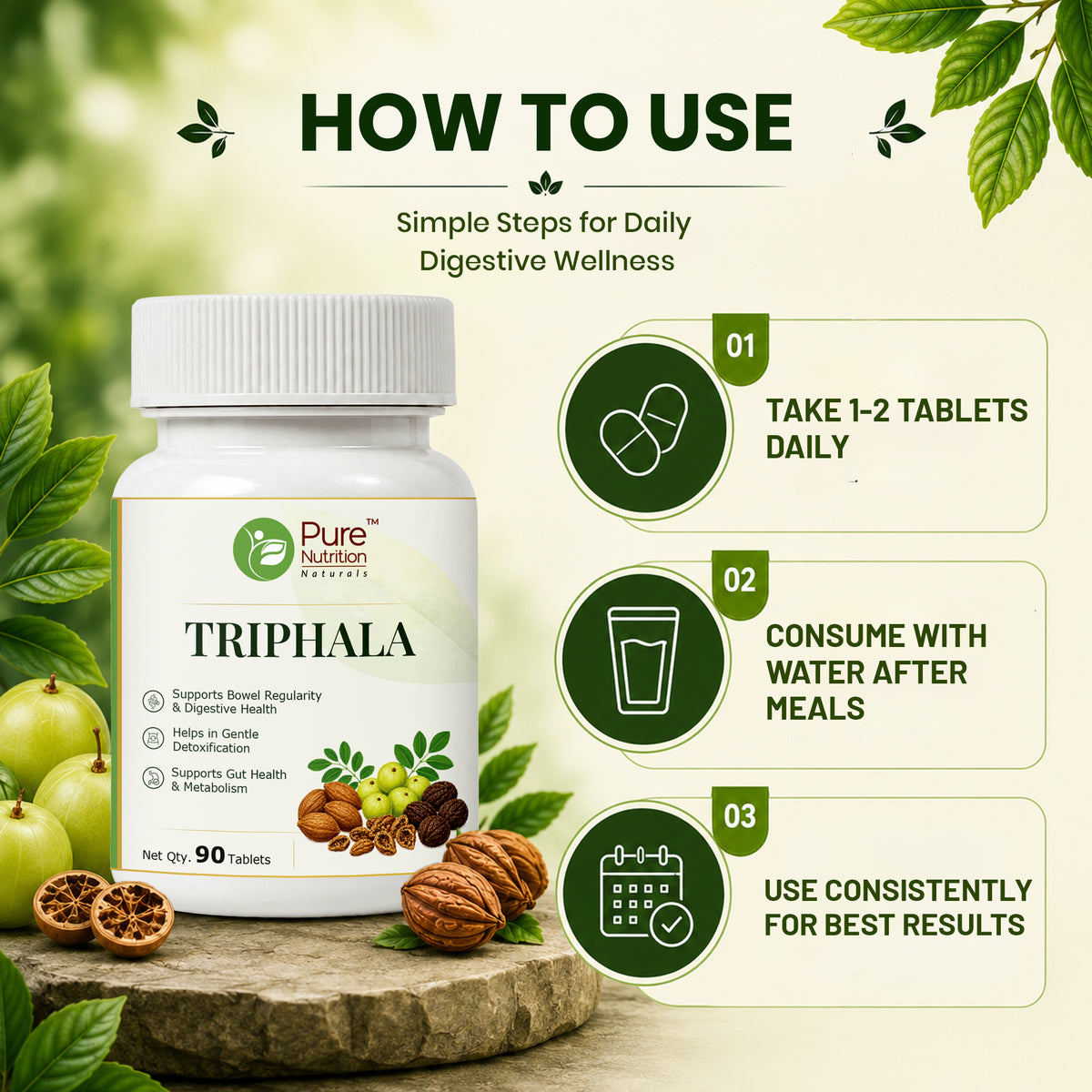 Pure Nutrition Triphala Tablets | Ayurvedic Herbal Blend with Haritaki, Bibhitaki & Amalaki | Supports Digestion & Gut Health 