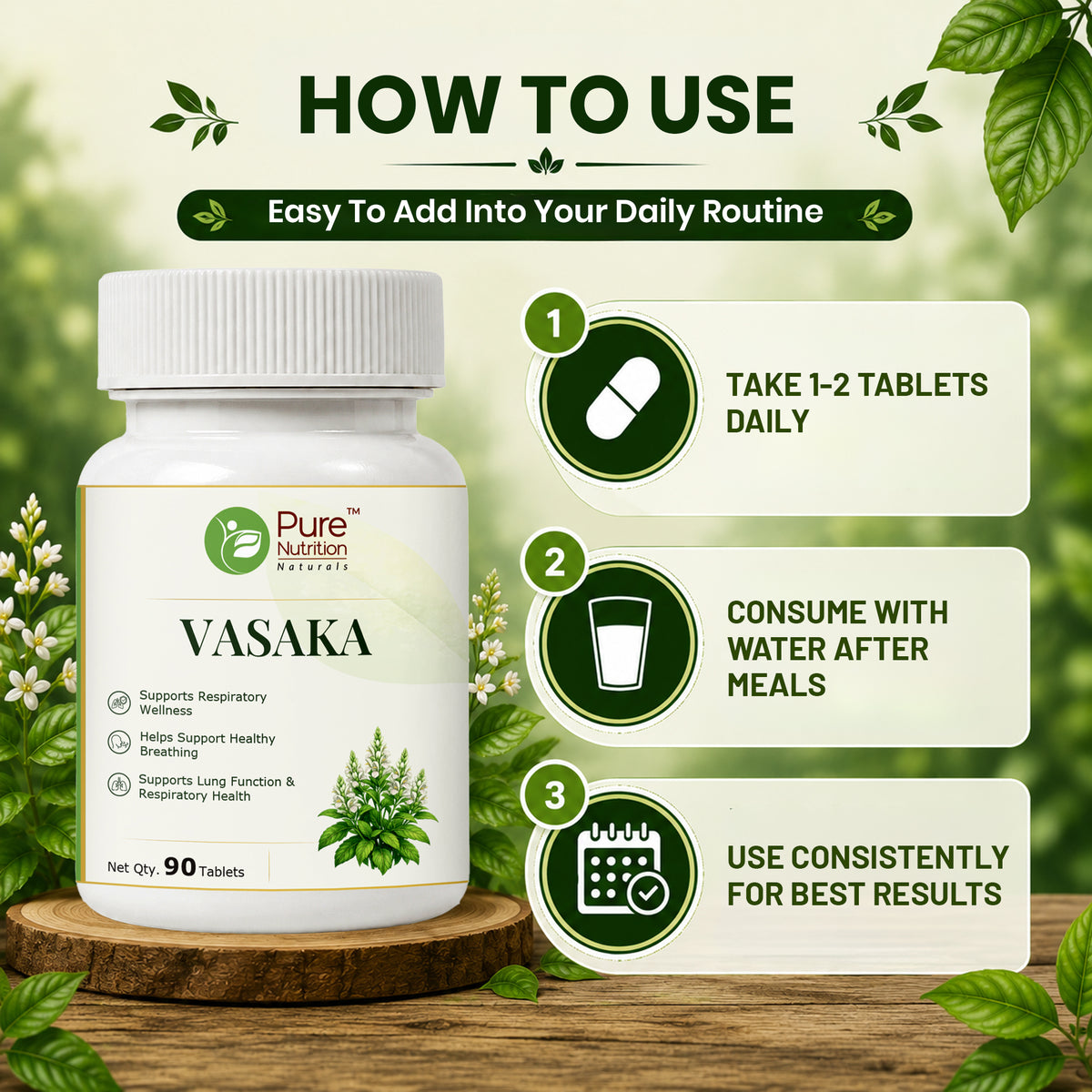 Pure Nutrition Vasaka Tablets | Ayurvedic Herbal Support for Respiratory Wellness & Healthy Breathing | Vasaka Extract Supplement