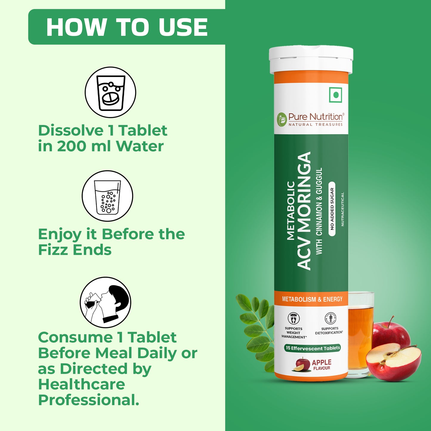 Pure Nutrition ACV Moringa Effervescent Tablets – Apple Flavour – 15 Tablets