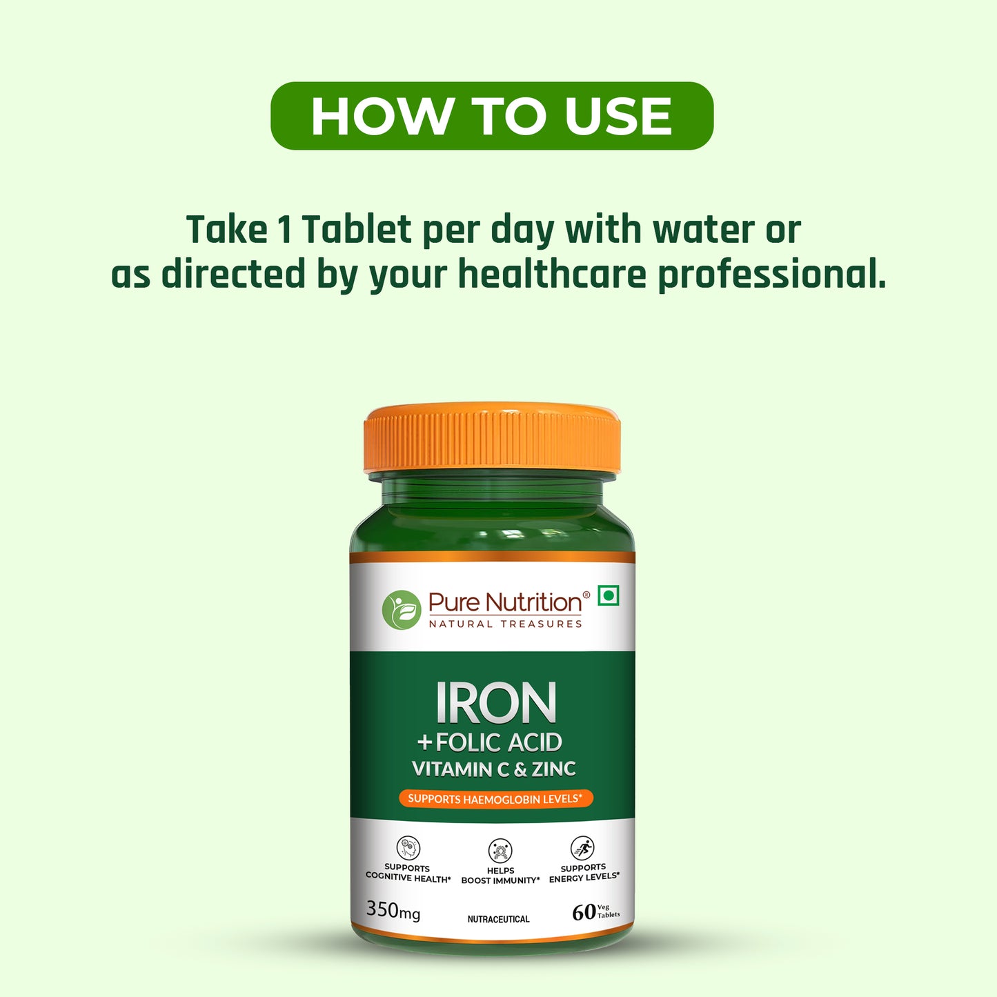 Iron with Folic Acid - 60 Tablets | Supports Haemoglobin Production and Helps Maintain Healthy Iron Levels