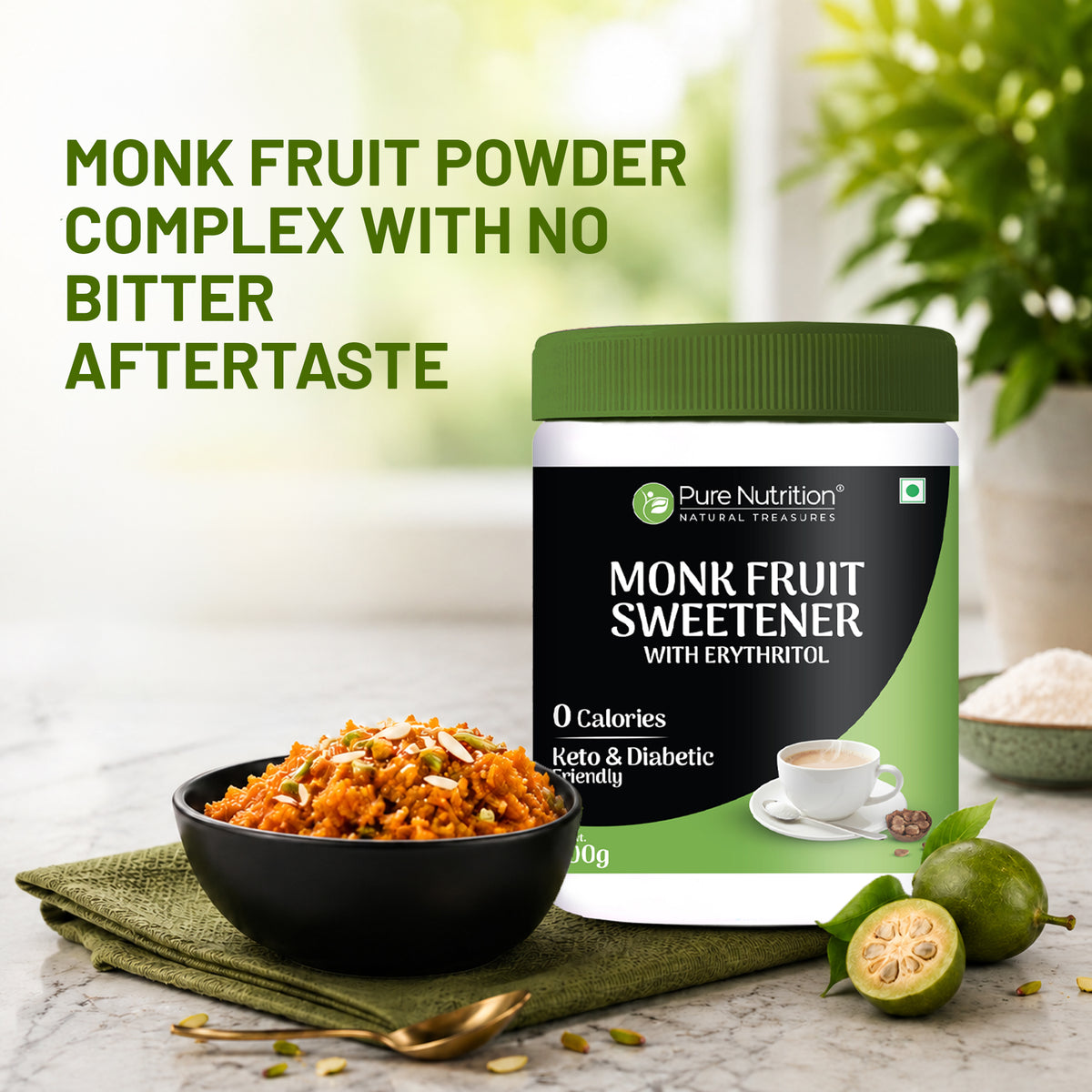 Monk Fruit Sweetener with Erythritol | Zero Calorie Sugar Substitute | 1:1 Sugar Replacement | 200g