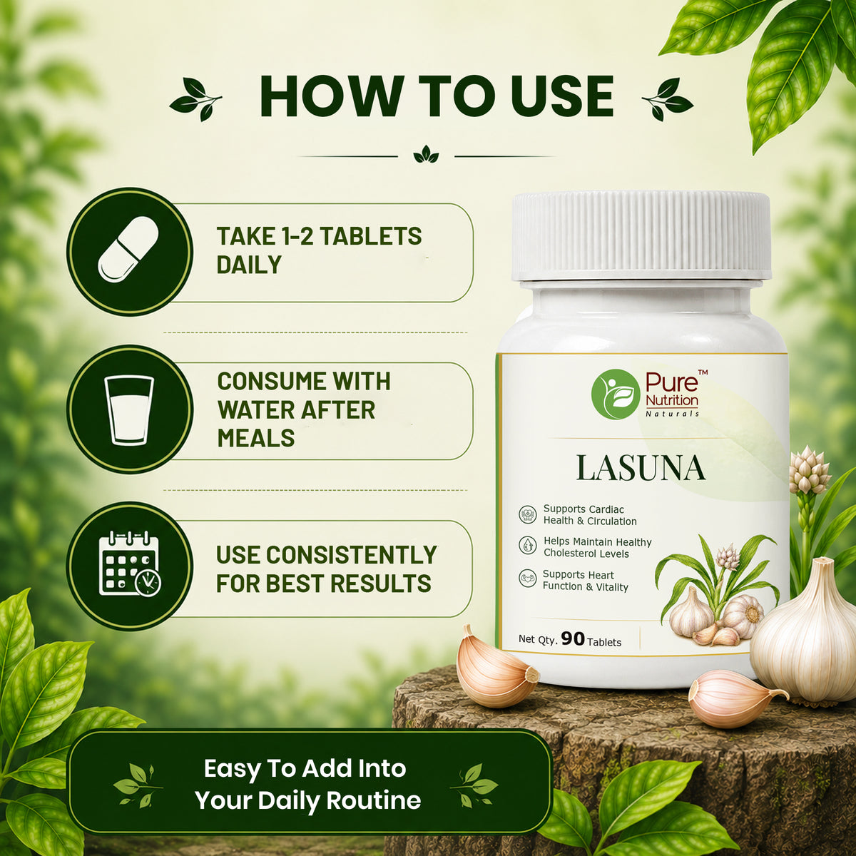 Pure Nutrition Lasuna Tablets | Ayurvedic Garlic Extract Supplement | Supports Heart & Circulation Wellness 