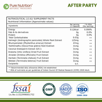 AftrParty Capsules | Herbal Wellness Formula with Kalmegh, Bhumyamalaki, Amalaki, Haritaki & Bibhitaki