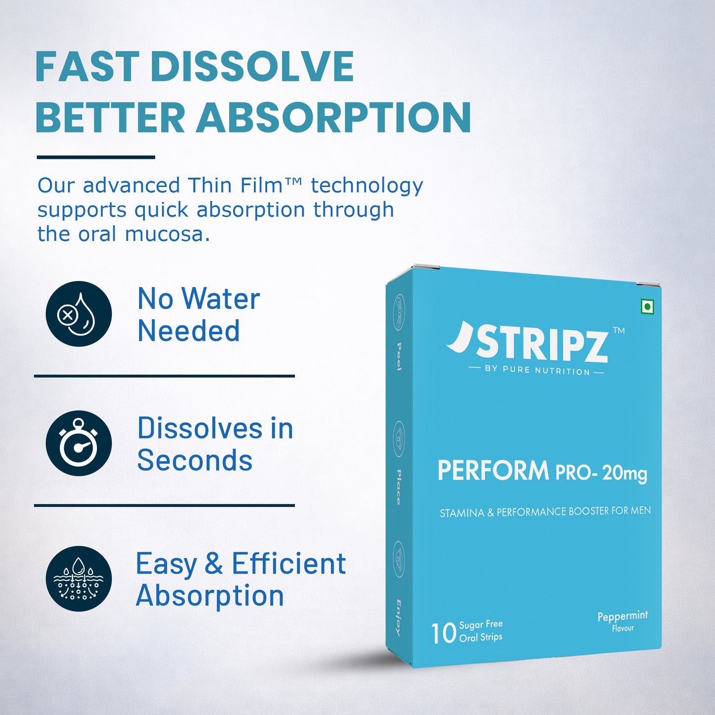 Stripz Perform Pro Oral Strips (Tadalafil IP 20 mg) | Peppermint Flavour