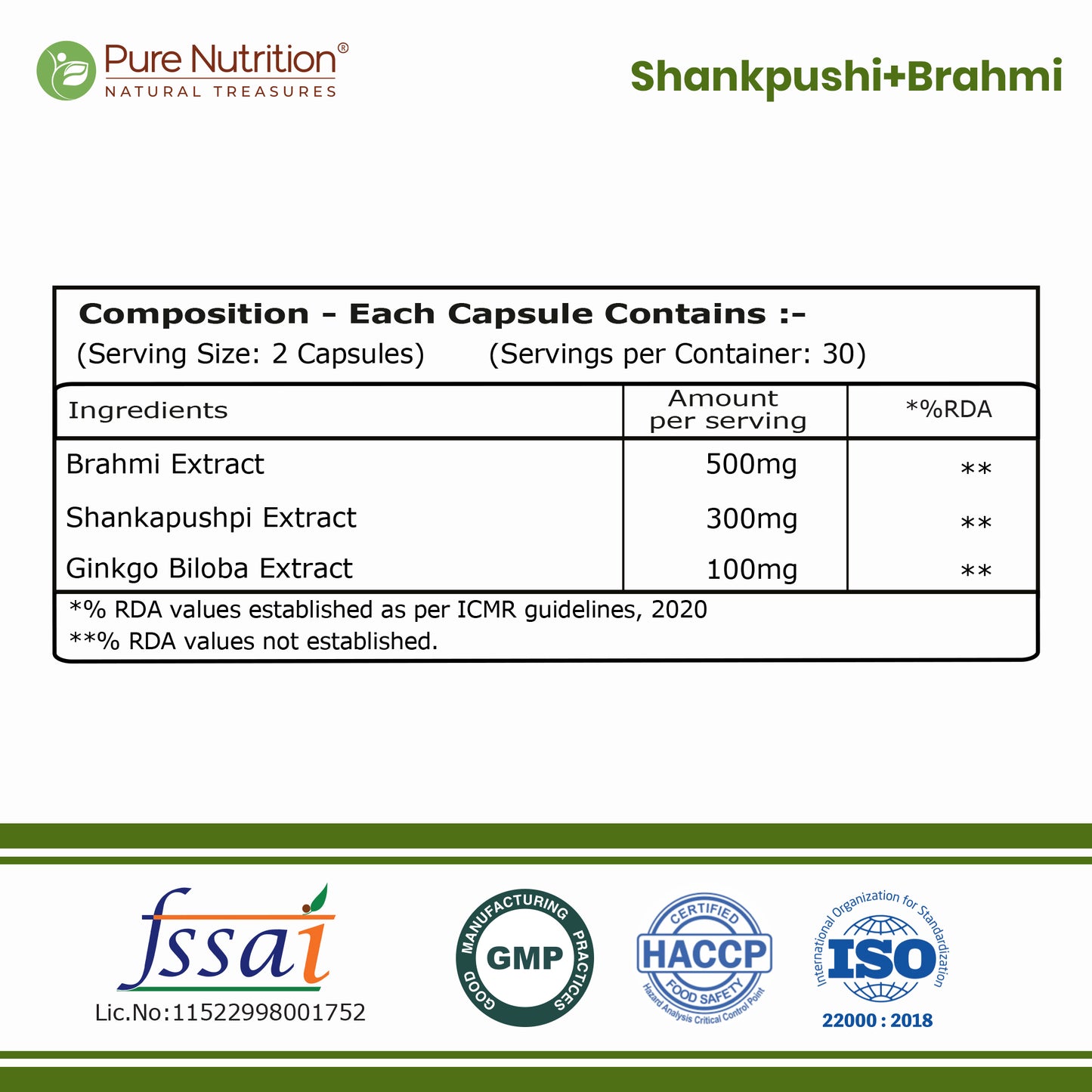 Brahmi + Shankhpushpi + Ginkgo Biloba | 900mg | 60 Veg Capsules